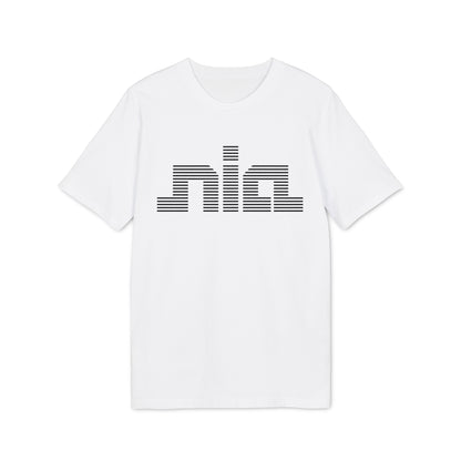 A white short-sleeved t-shirt featuring the word "nia" printed in black horizontal stripes across the chest.