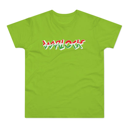 Lime green t-shirt with "WARLOCK" in a jagged, 3D red and green font.
