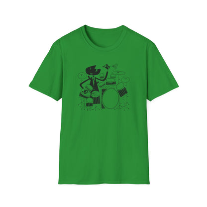 Black graphic of a cartoon drummer playing a drum set on a green t-shirt.