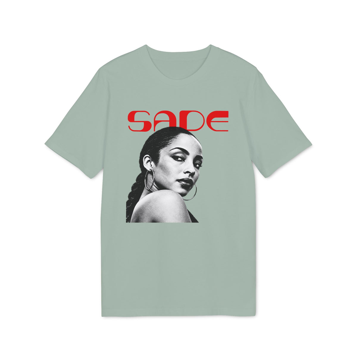 Sage green crewneck t-shirt featuring a black and white portrait of Sade with red text above.