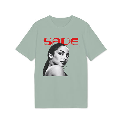 Sage green crewneck t-shirt featuring a black and white portrait of Sade with red text above.