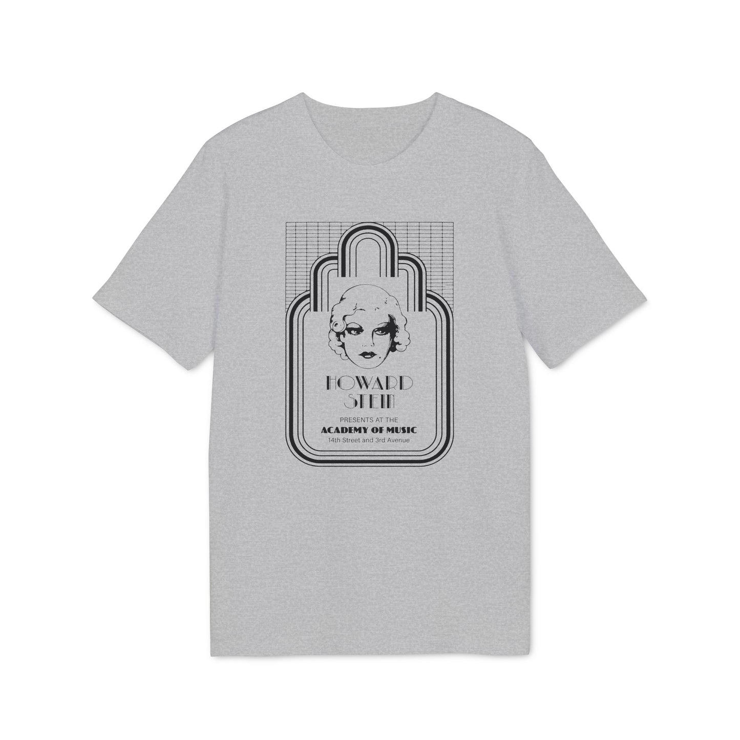 Gray t-shirt with a black graphic of a woman's face and "HOWARD STEIN PRESENTS AT THE ACADEMY OF MUSIC" text.
