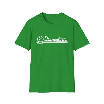 Green t-shirt with white "Danceteria 1979-1986 30w 21st New York City" graphic.