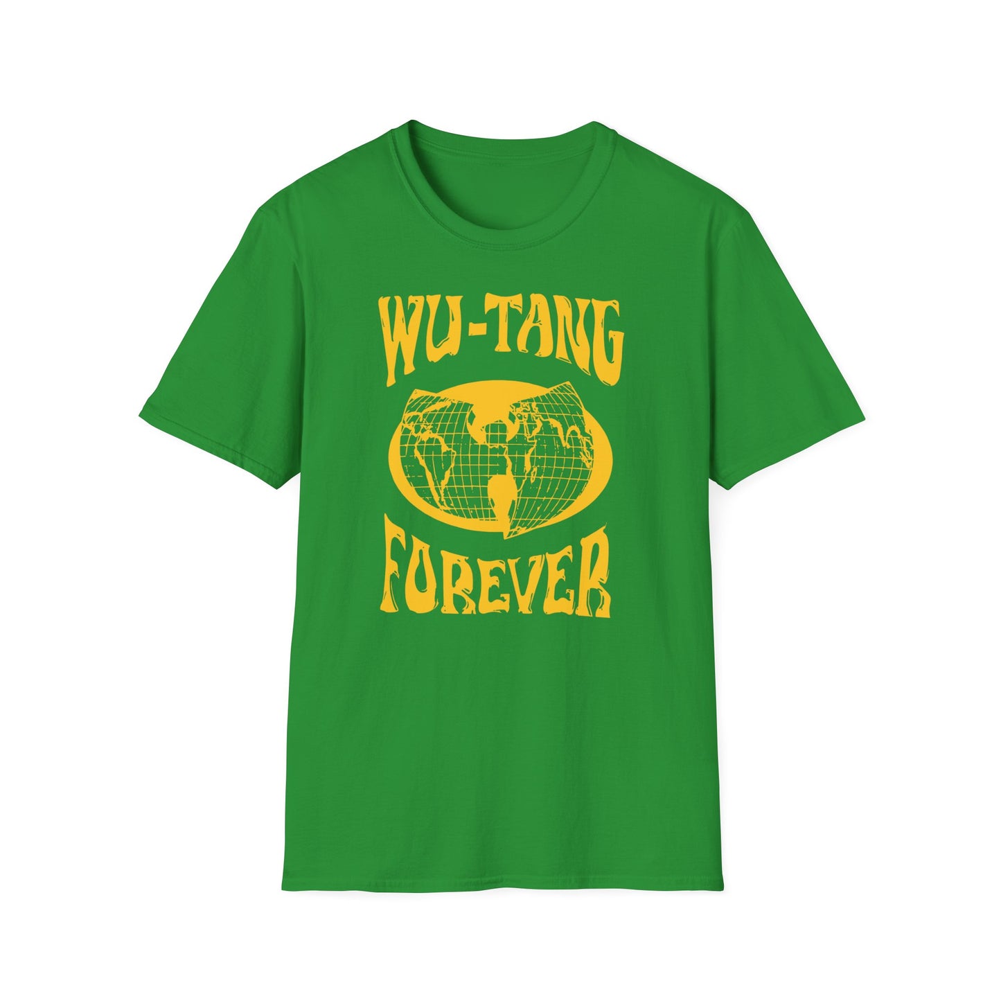 Green t-shirt with yellow Forever graphic featuring a globe.