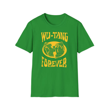 Green t-shirt with yellow Forever graphic featuring a globe.
