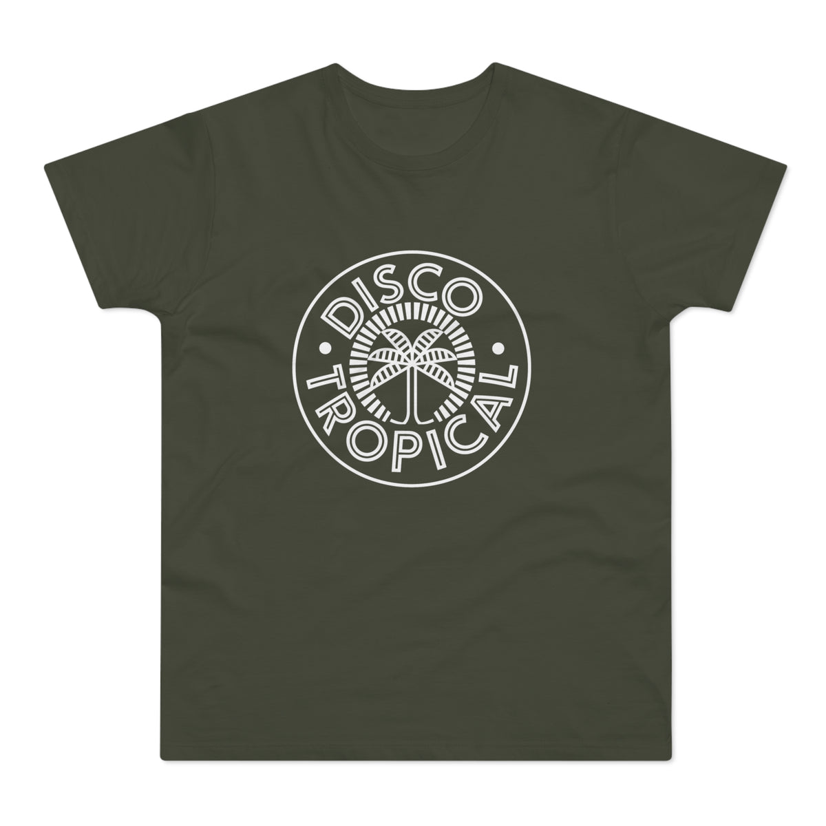 Olive green t-shirt with a white circular "Disco Tropical" logo featuring a palm tree.