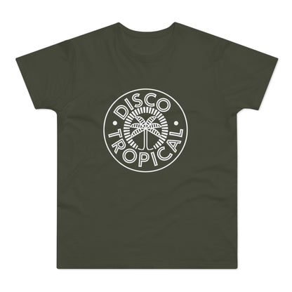 Olive green t-shirt with a white circular "Disco Tropical" logo featuring a palm tree.