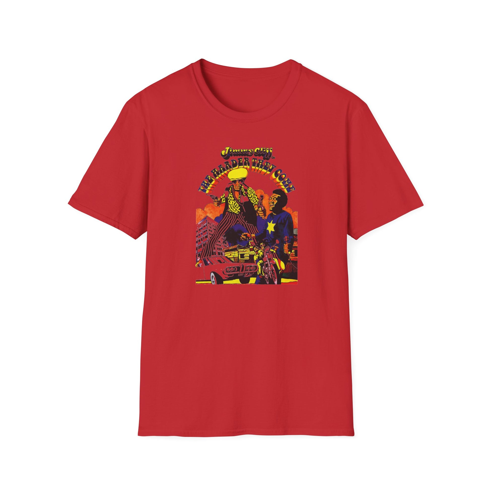 Jimmy Cliff "The Harder They Come" graphic with two men, a car, and a motorcycle.