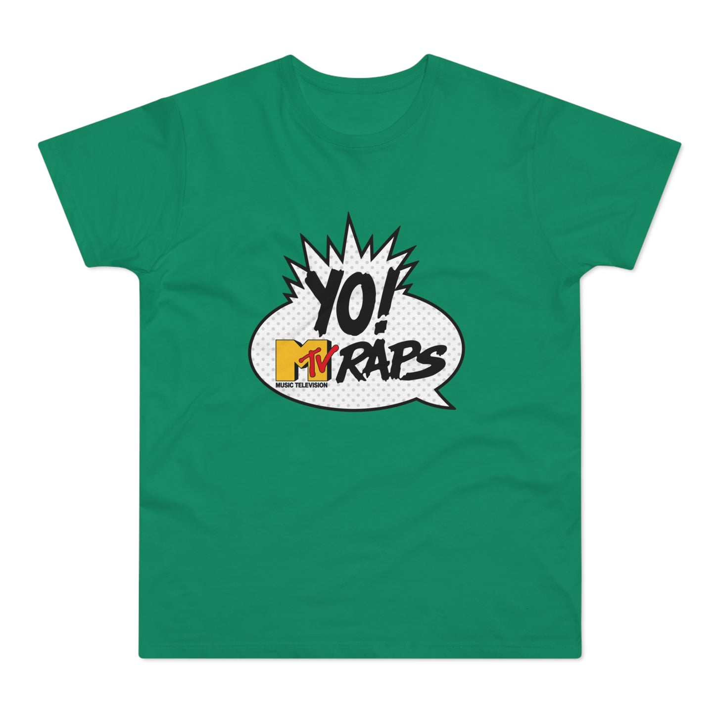 Green t-shirt with a comic book style graphic of "YO! MTV RAPS"