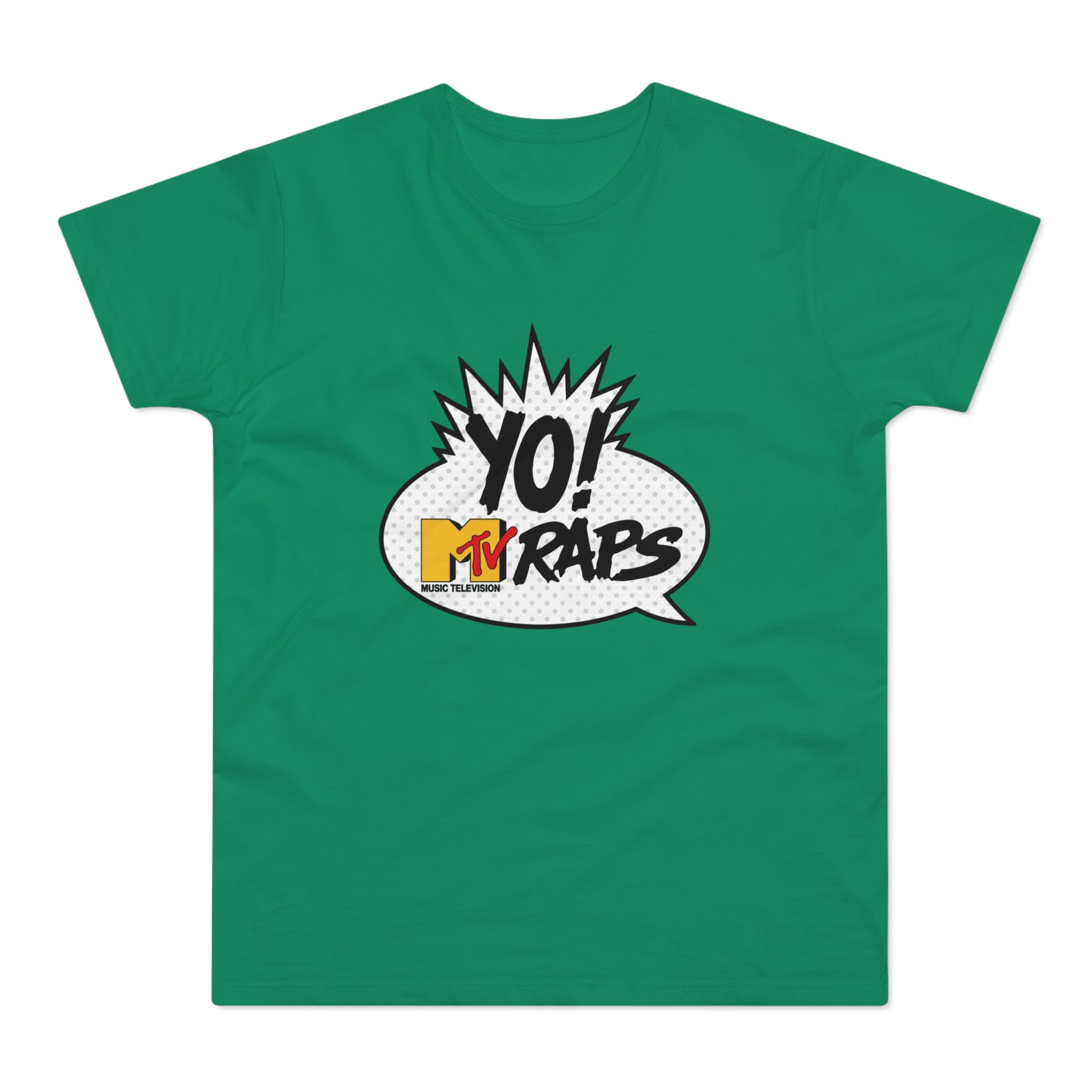 Green t-shirt with a comic book style graphic of "YO! MTV RAPS"