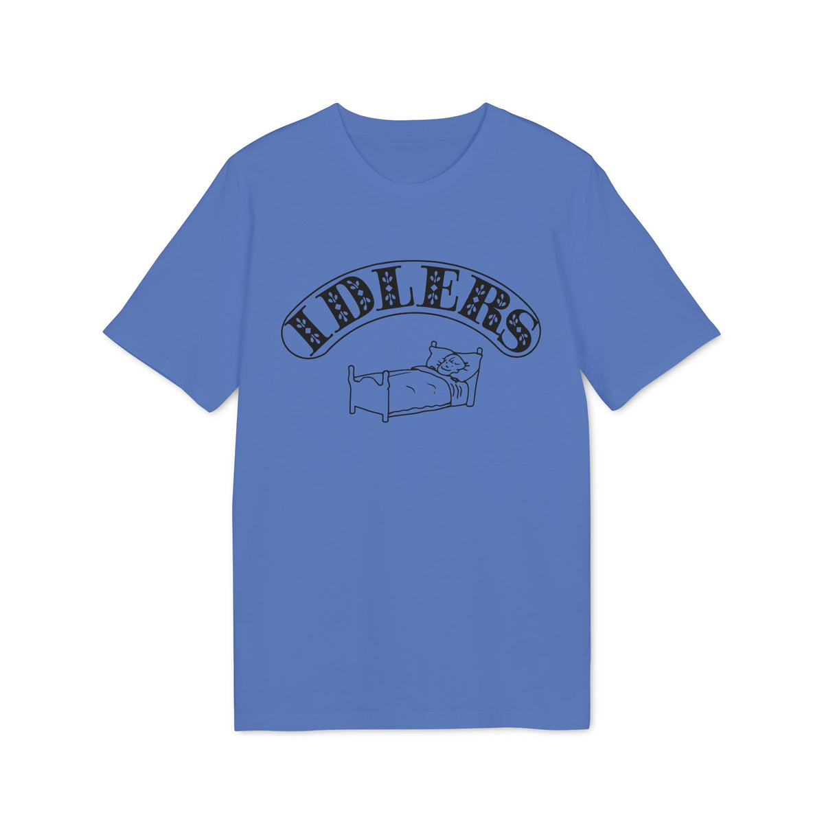A blue short-sleeved t-shirt with black text reading IDLERS arched above a line drawing of a person sleeping in a bed.