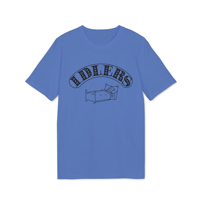 A blue short-sleeved t-shirt with black text reading IDLERS arched above a line drawing of a person sleeping in a bed.