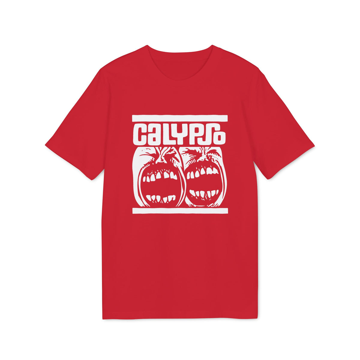 A short-sleeved red t-shirt with a white graphic print of two screaming faces and the text Calypso.