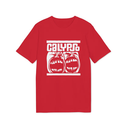 A short-sleeved red t-shirt with a white graphic print of two screaming faces and the text Calypso.