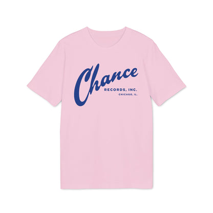Pink t-shirt with blue 'Chance Records, Inc. Chicago, IL.' logo.