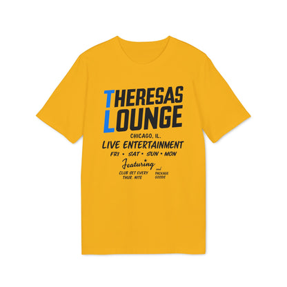 Yellow t-shirt with "Theresas Lounge" and live entertainment details.