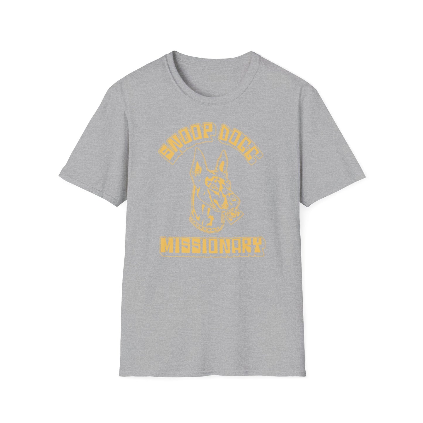 Grey t-shirt with yellow graphic and text.