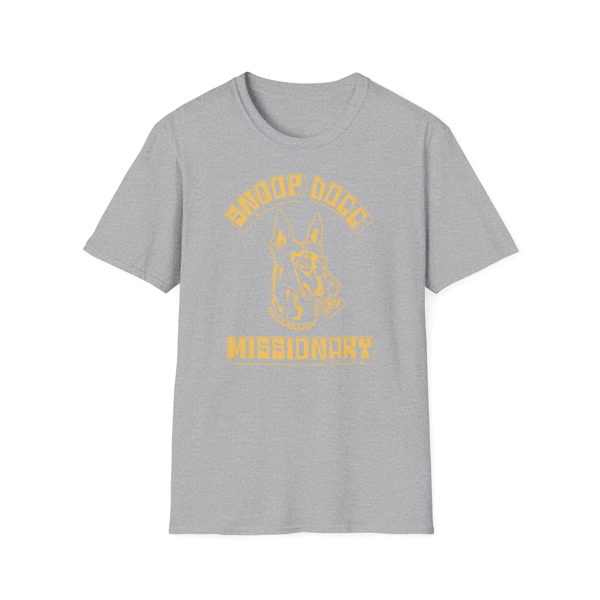 Grey t-shirt with yellow graphic and text.