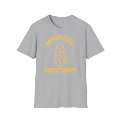 Grey t-shirt with yellow graphic and text.