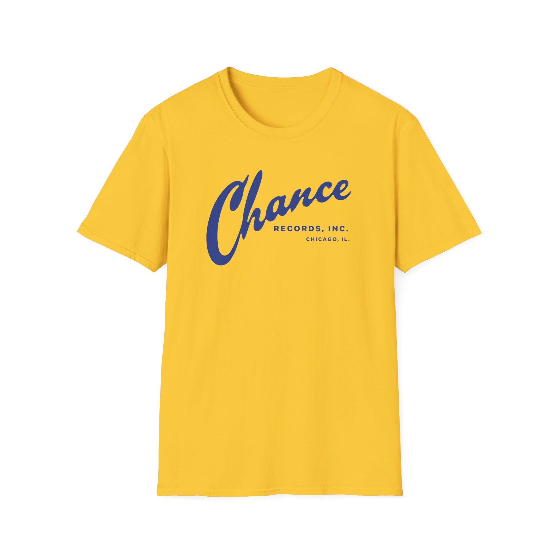 Yellow t-shirt with blue "Chance Records, Inc. Chicago, IL." text.