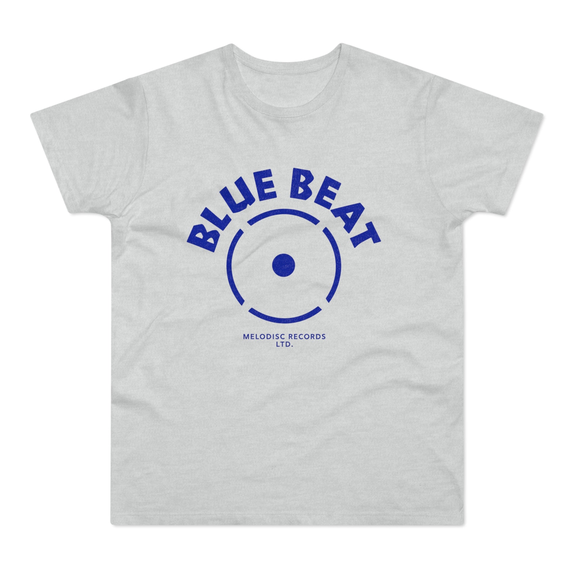 Light grey t-shirt with blue "BLUE BEAT" text and Melodisc Records logo.
