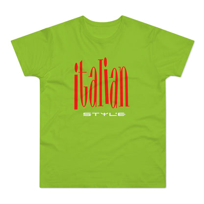 Green t-shirt with red "italian STYLE" text across the chest.