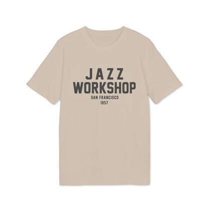 Light tan t-shirt with "Jazz Workshop San Francisco 1957" text graphic.