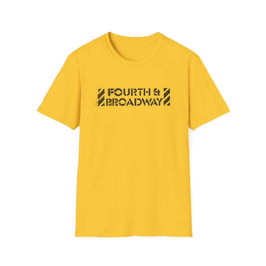 Yellow t-shirt with distressed black text reading "FOURTH & BROADWAY".