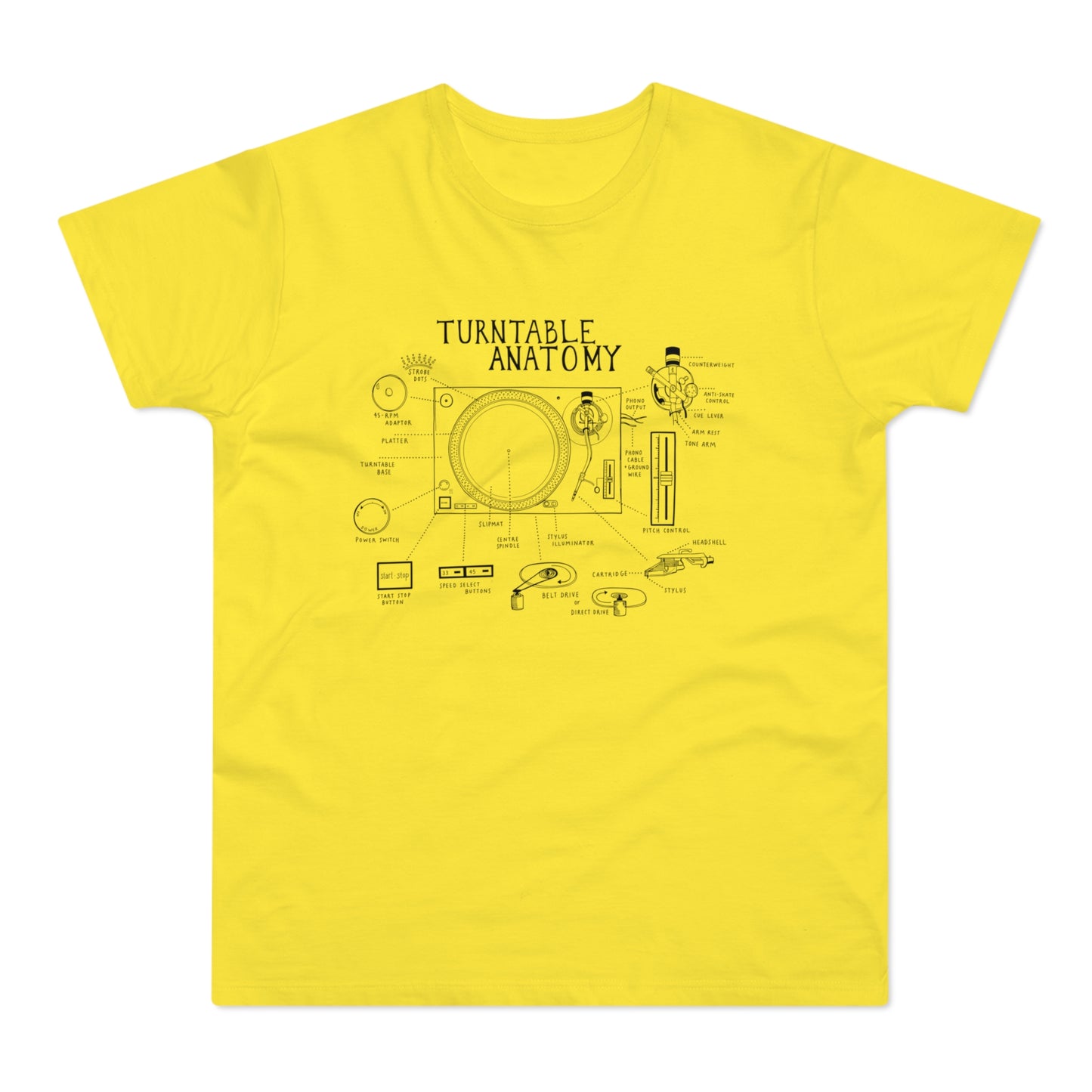 Yellow t-shirt with black line drawing of a turntable's anatomy.