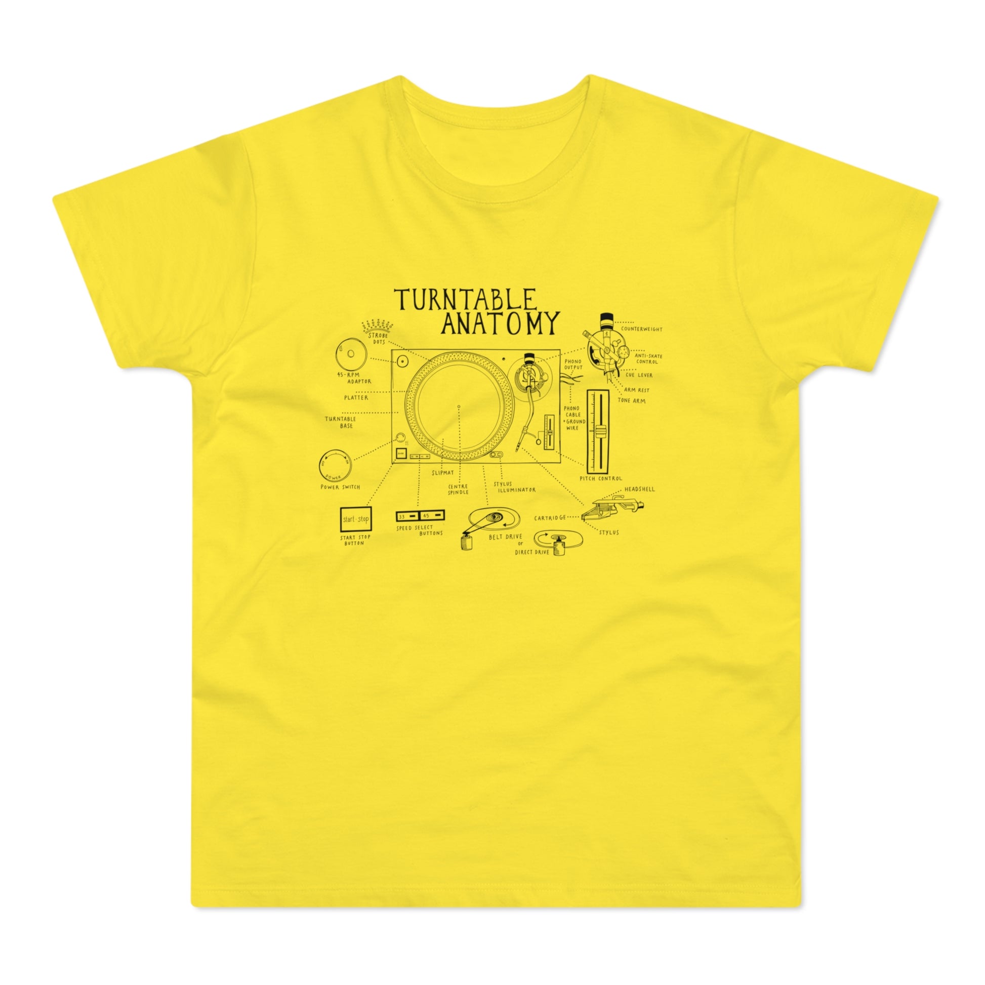 Yellow t-shirt with black line drawing of a turntable's anatomy.