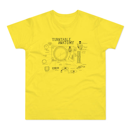 Yellow t-shirt with black line drawing of a turntable's anatomy.