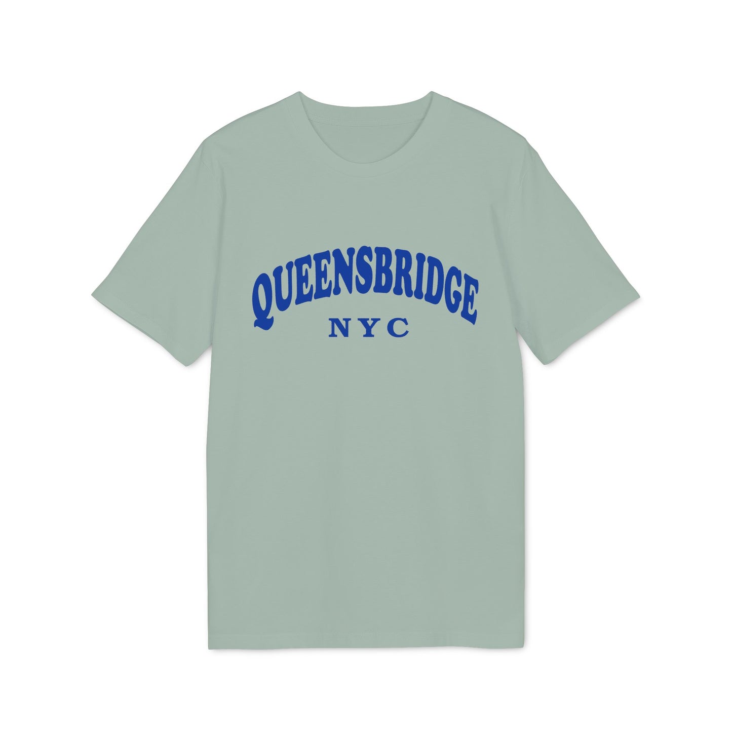 Green t-shirt with blue "QUEENSBRIDGE NYC" graphic text.
