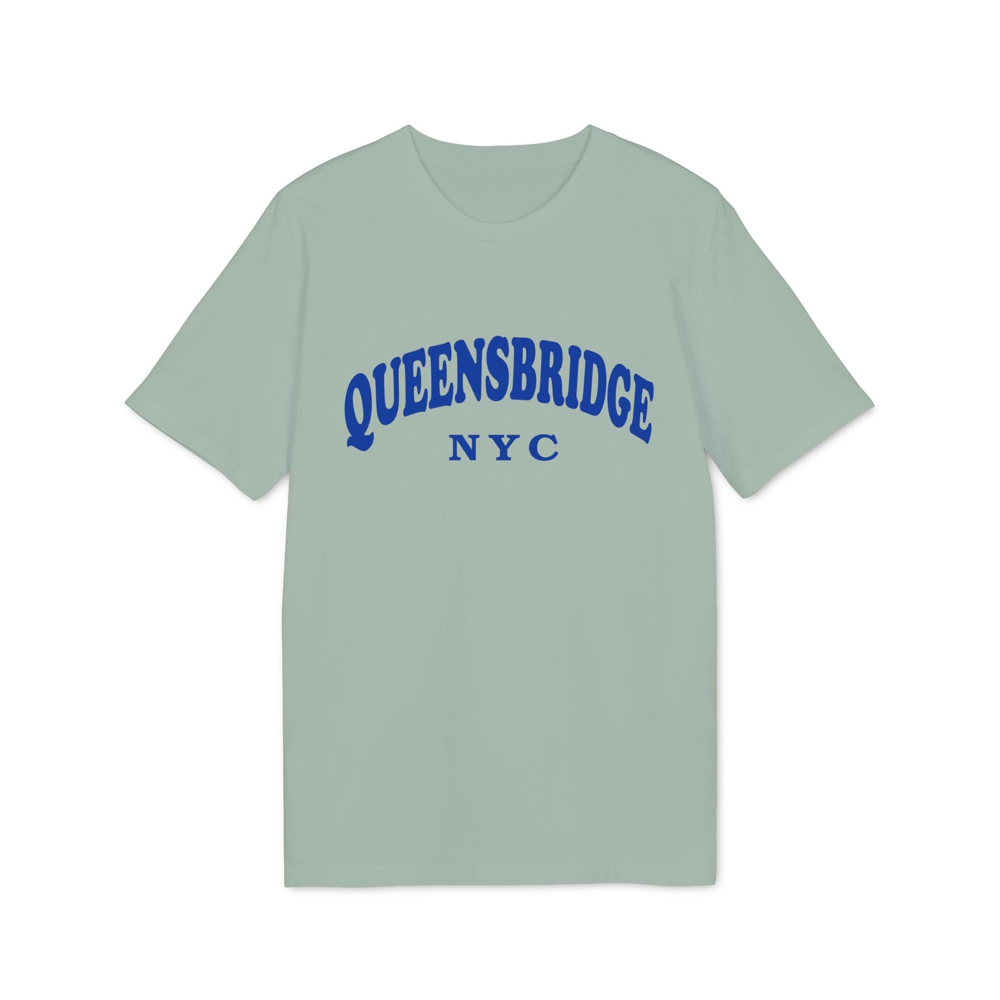 Green t-shirt with blue "QUEENSBRIDGE NYC" graphic text.