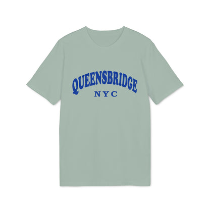 Green t-shirt with blue "QUEENSBRIDGE NYC" graphic text.