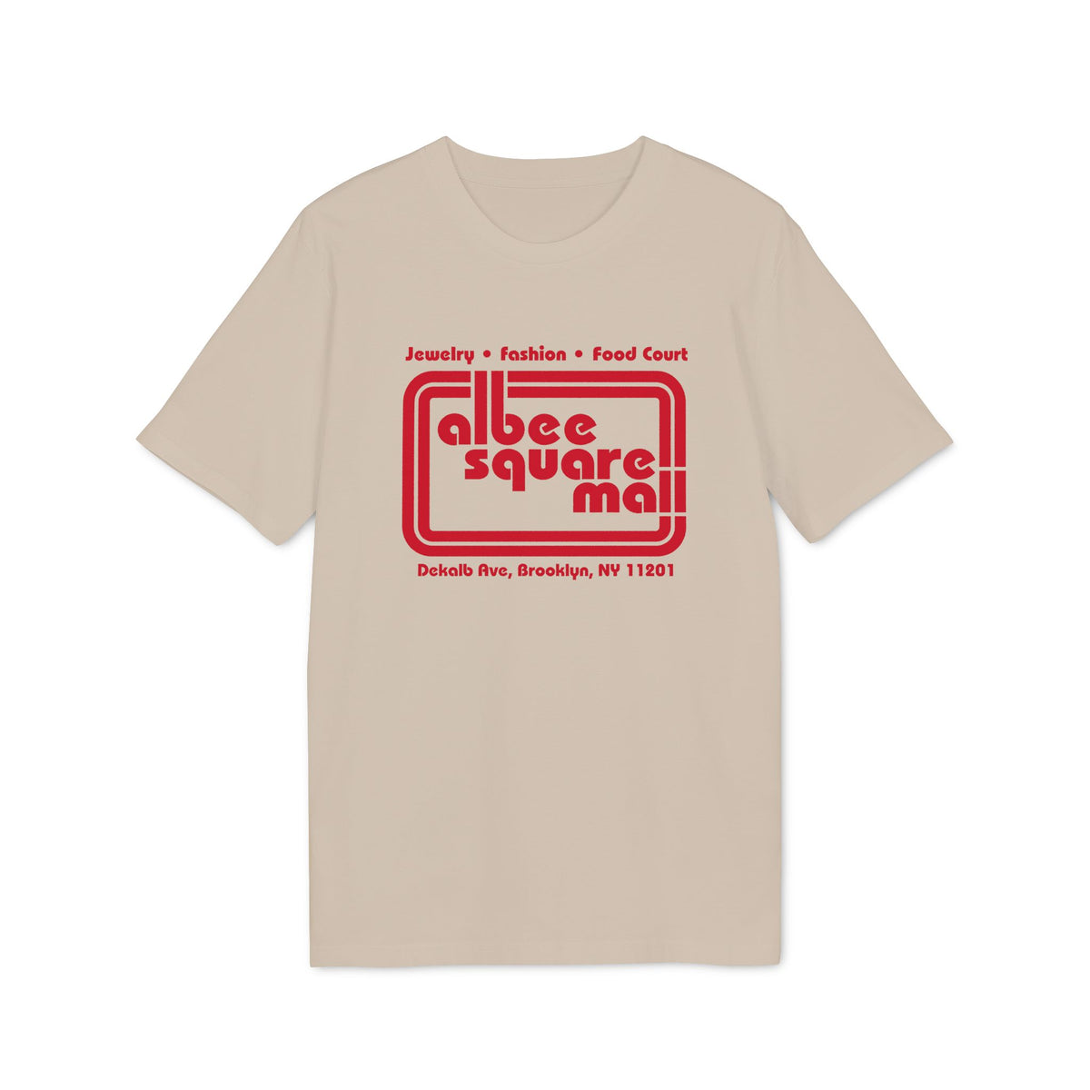 A beige crewneck t-shirt featuring a red Albee Square Mall graphic on the chest.