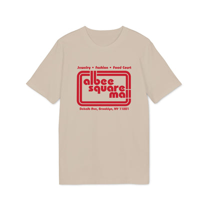 A beige crewneck t-shirt featuring a red Albee Square Mall graphic on the chest.