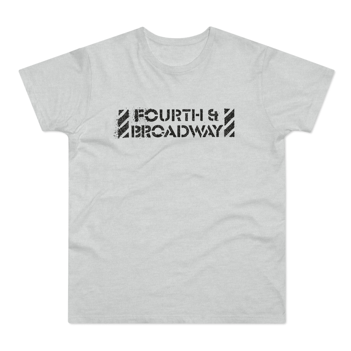 Light gray t-shirt with distressed black text reading "FOURTH & BROADWAY".