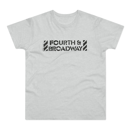 Light gray t-shirt with distressed black text reading "FOURTH & BROADWAY".