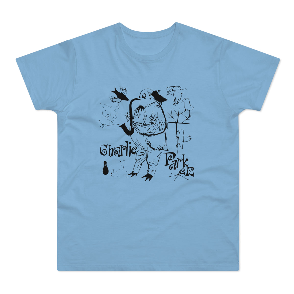 Bird playing saxophone with text "Charlie Park" and musical notes.