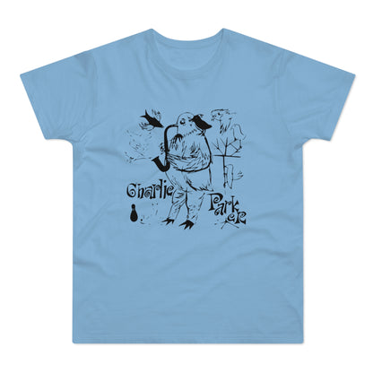 Bird playing saxophone with text "Charlie Park" and musical notes.