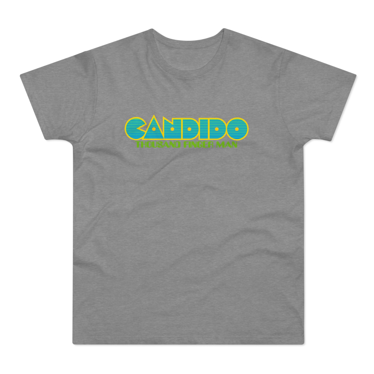 Grey t-shirt with blue and yellow "CANDIDO THOUSAND FINGER MAN" text.