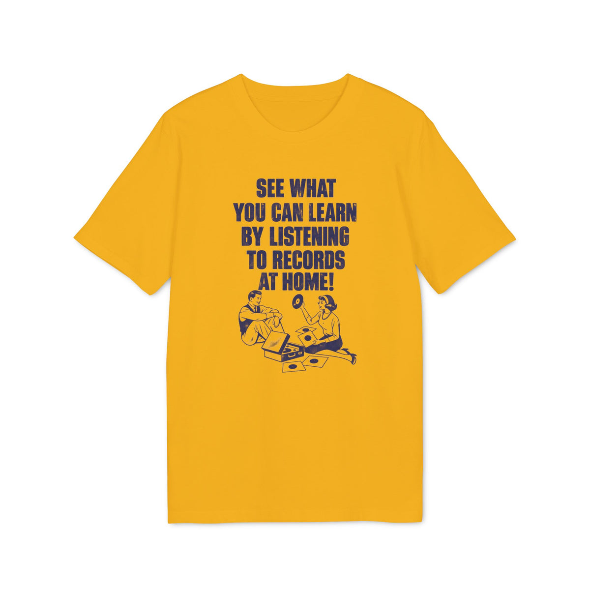 A yellow short-sleeve t-shirt with a retro-style blue graphic featuring two people and text.