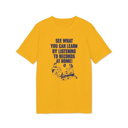 A yellow short-sleeve t-shirt with a retro-style blue graphic featuring two people and text.