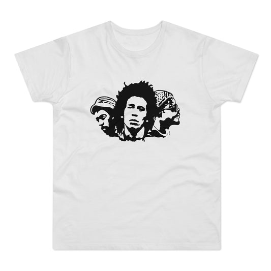 White t-shirt with a black graphic of three men's faces.