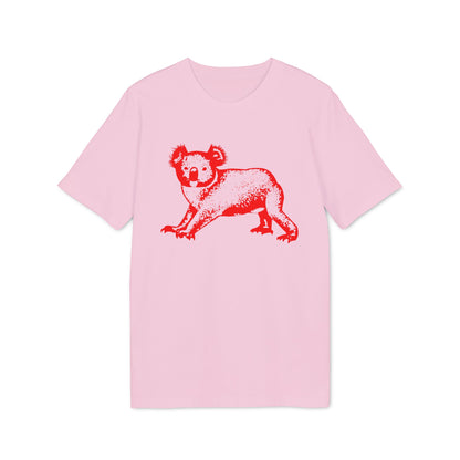 A pink short-sleeved t-shirt featuring a stylized red koala graphic centered on the chest.