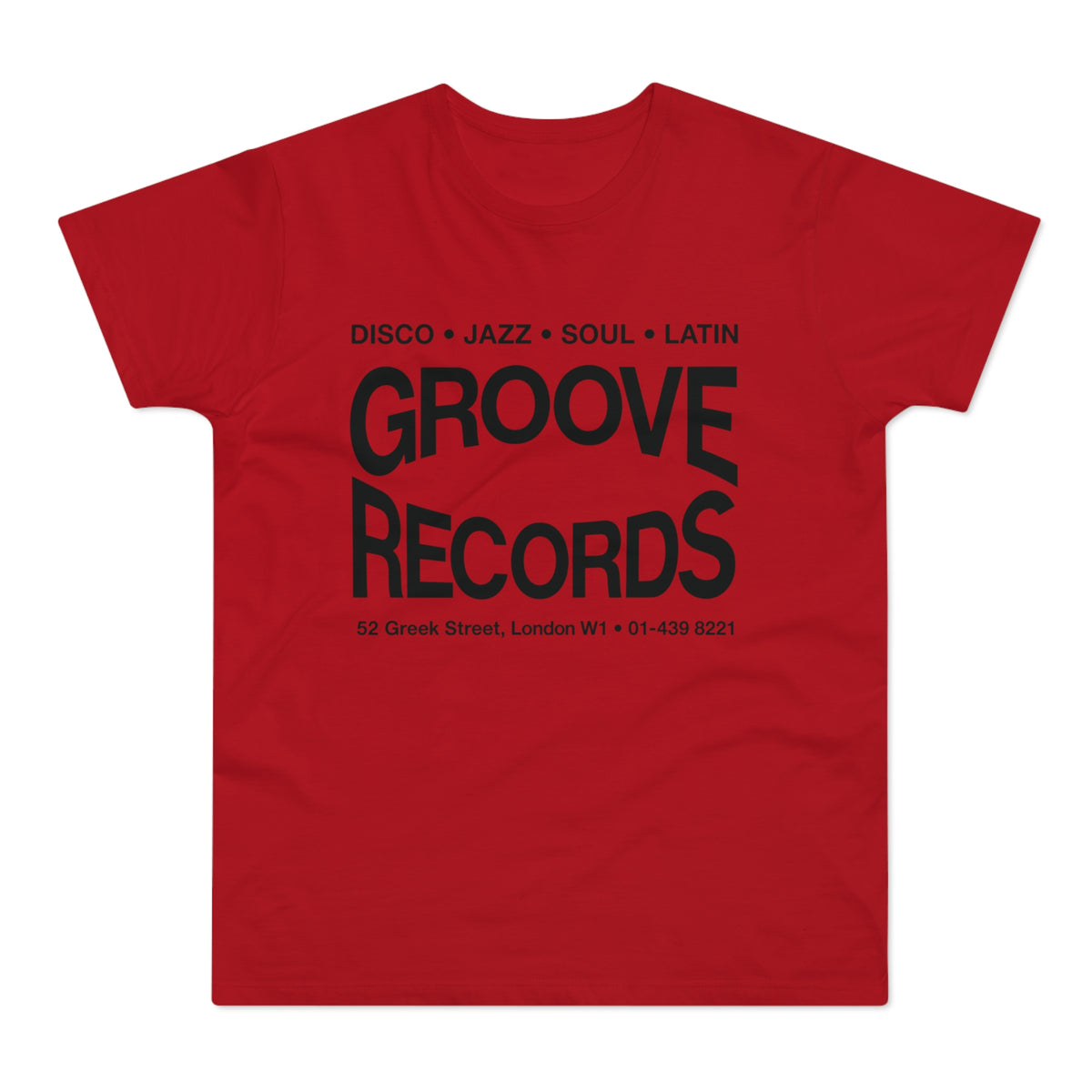 Red t-shirt with black text "Groove Records", address, and phone number.