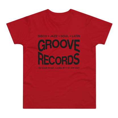 Red t-shirt with black text "Groove Records", address, and phone number.