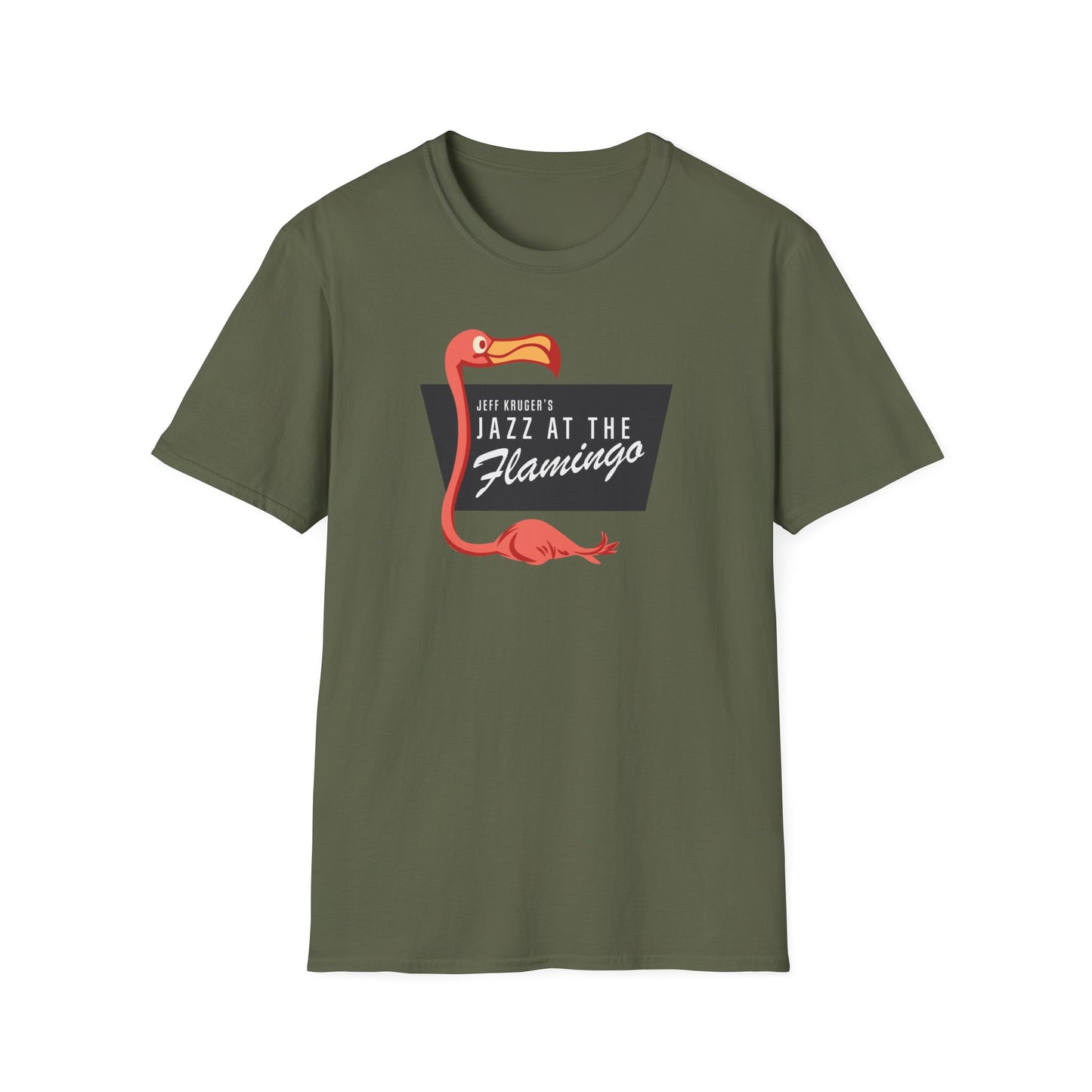 Green t-shirt with Jeff Kruger's Jazz at the Flamingo design featuring a flamingo.