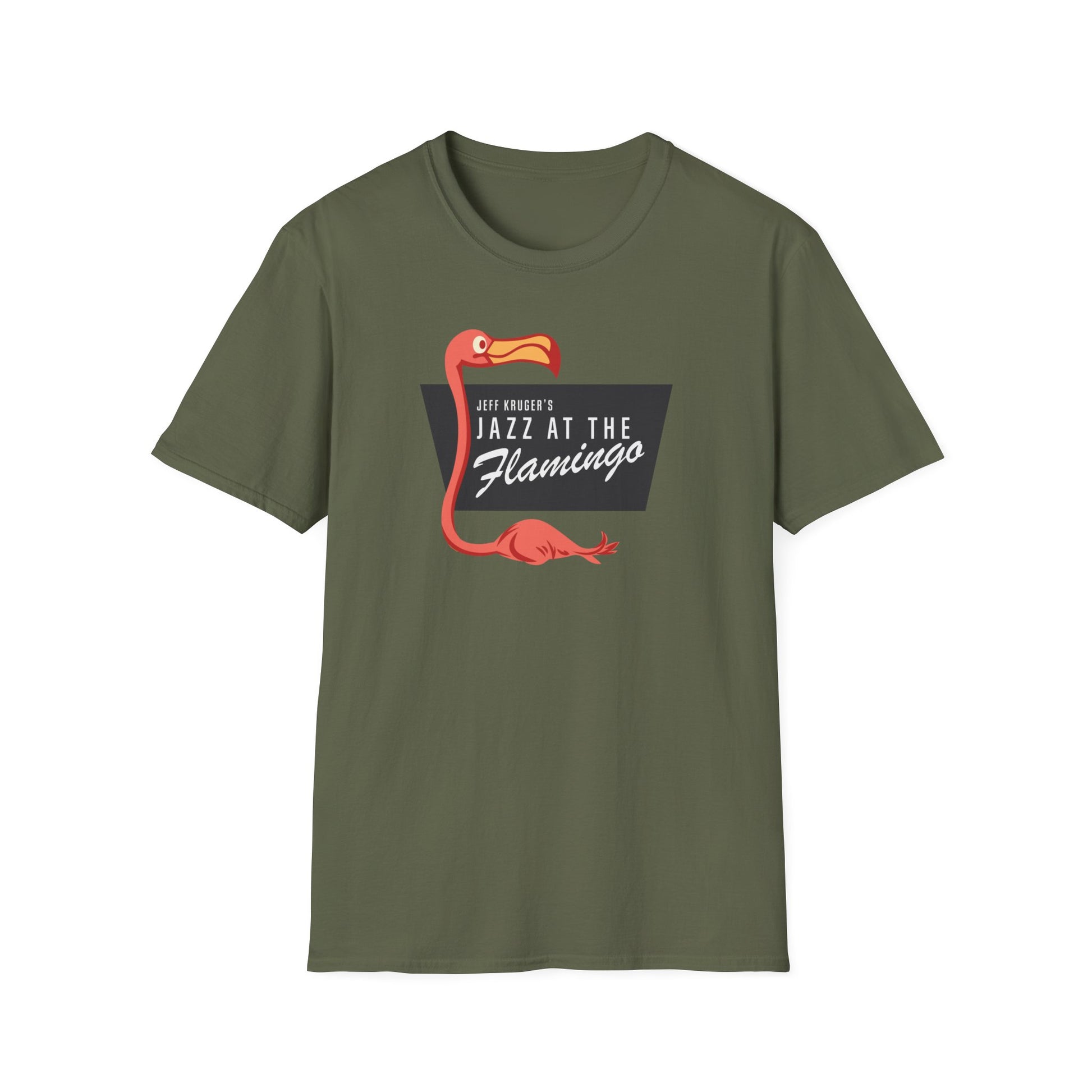 Green t-shirt with Jeff Kruger's Jazz at the Flamingo design featuring a flamingo.