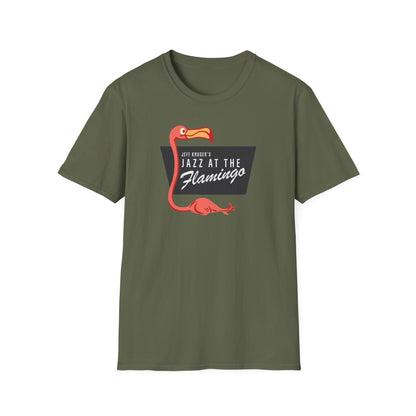 Green t-shirt with Jeff Kruger's Jazz at the Flamingo design featuring a flamingo.